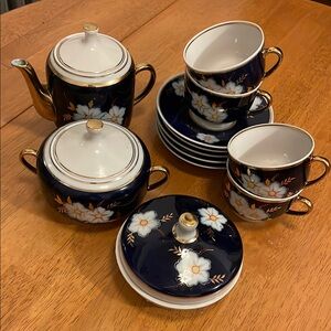 Vintage Elegant Floral Tea Set “Apple blossom”-Navy and White.  Made in USSR